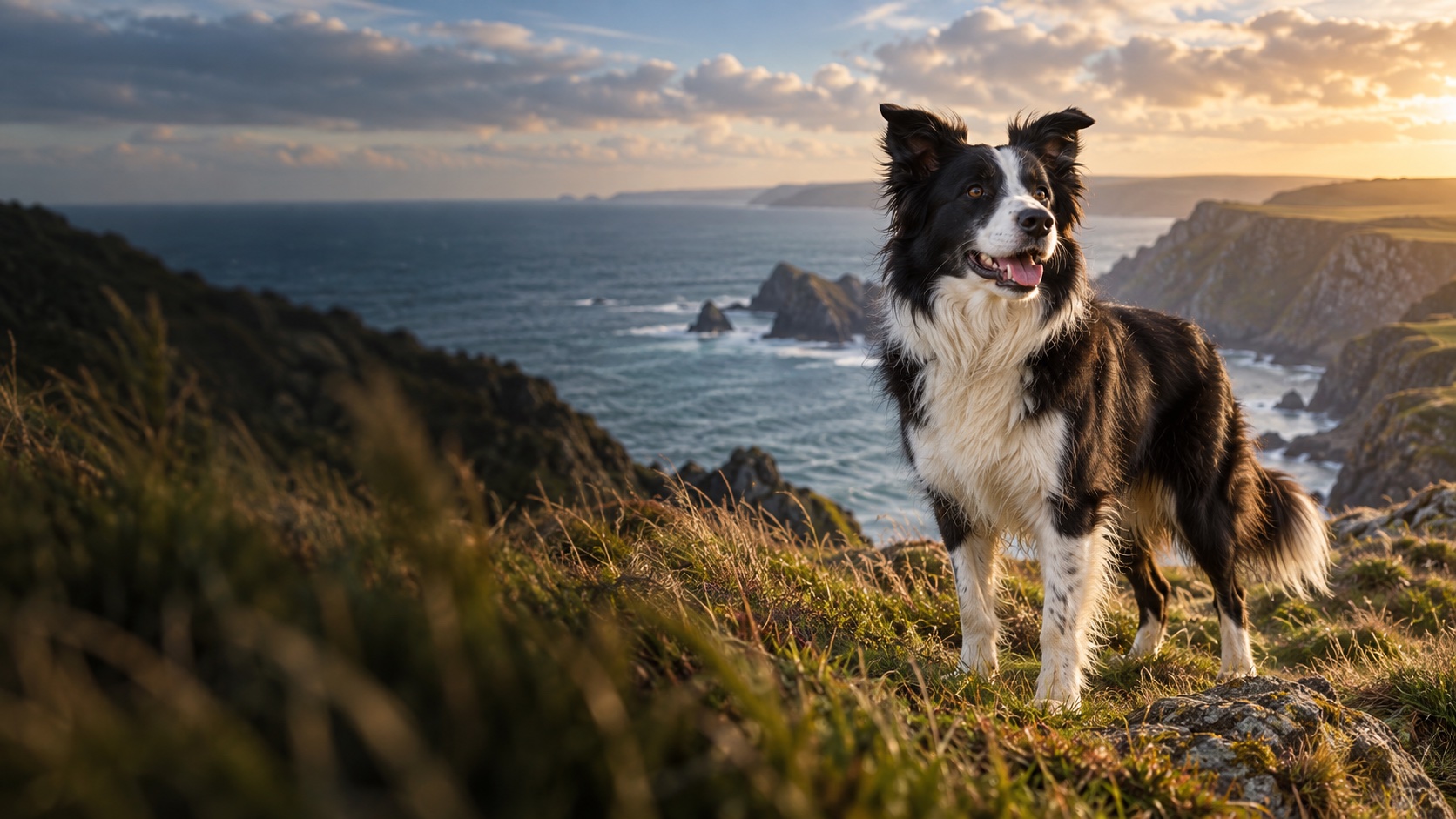 A border collie exploring a sunlit Devon coastal path