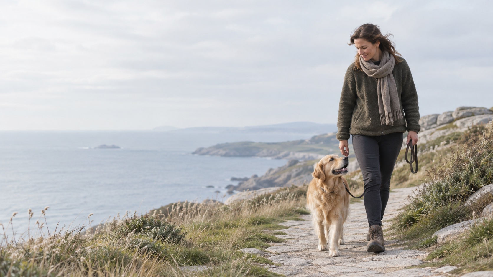 A dog and their person sharing a walk along the coast